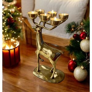 vintage Solid Brass elk reindeer Deer Candle Holder MCM christman hoilday decor